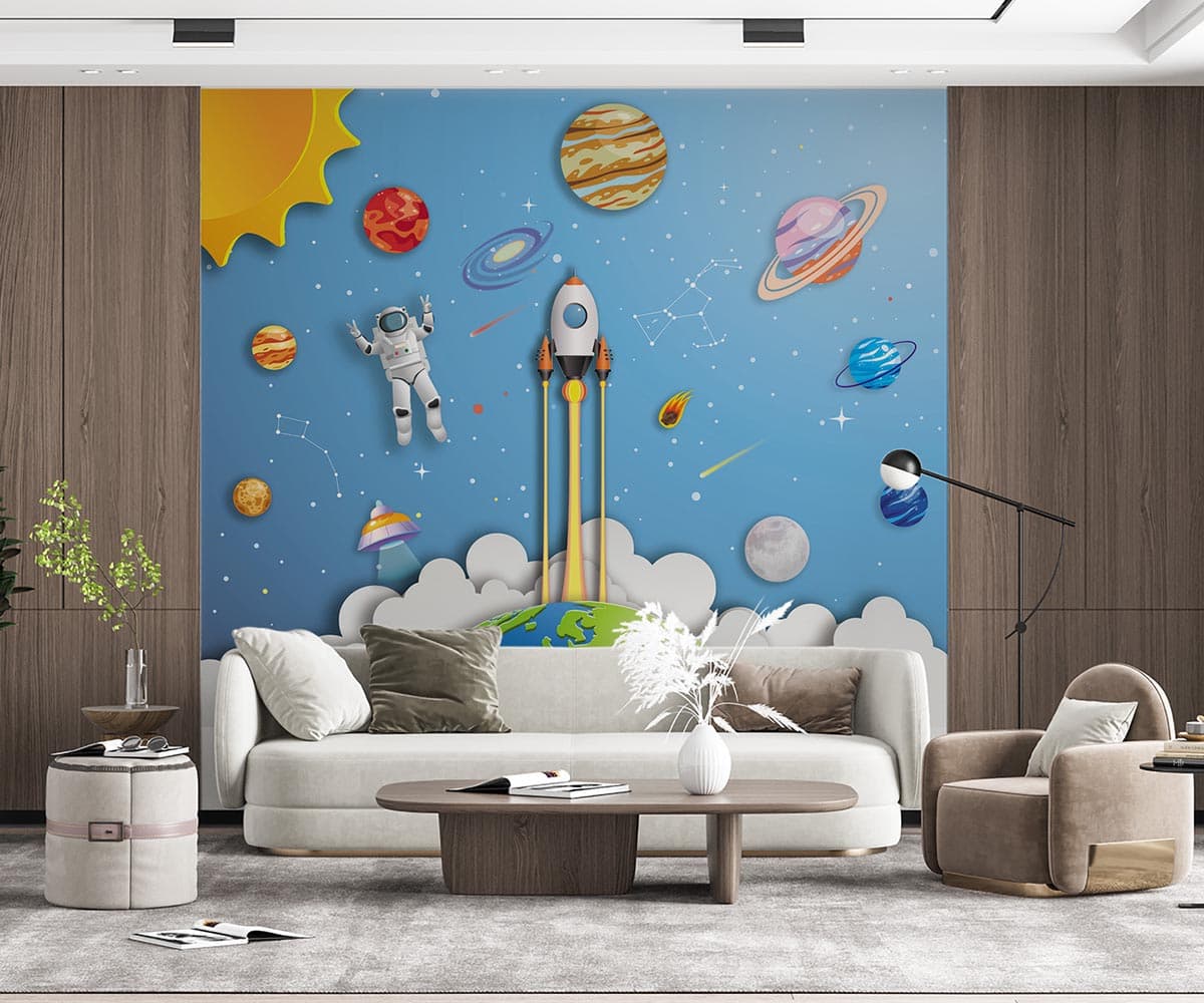3D Space Rocket Inspiring Wallpaper for Kids Room