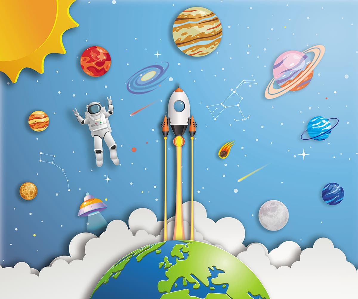 3D Space Rocket Inspiring Wallpaper for Kids Room pattern detail