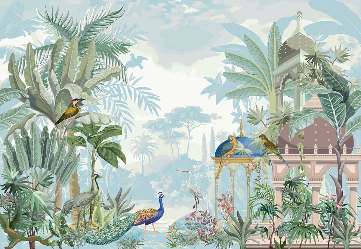 Tropical Birds and Botanical Plants Mural Wallpaper pattern detail
