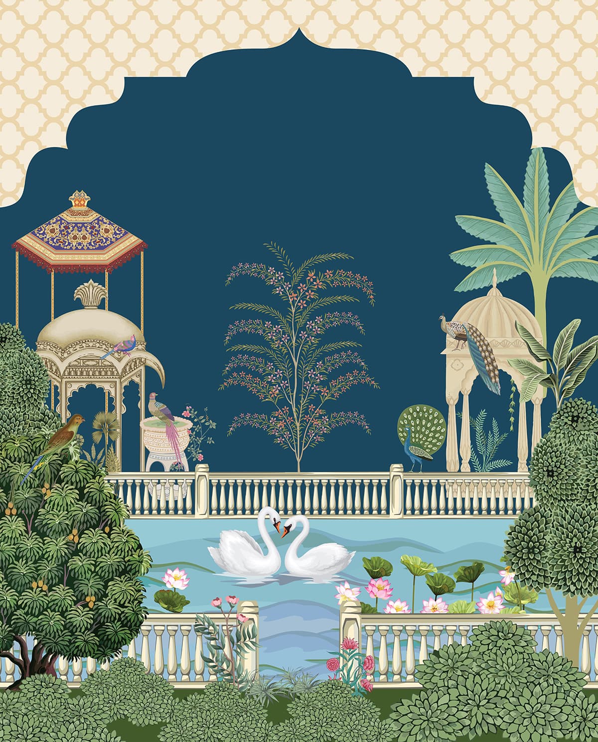 A painting of a pond with birds and trees pattern detail