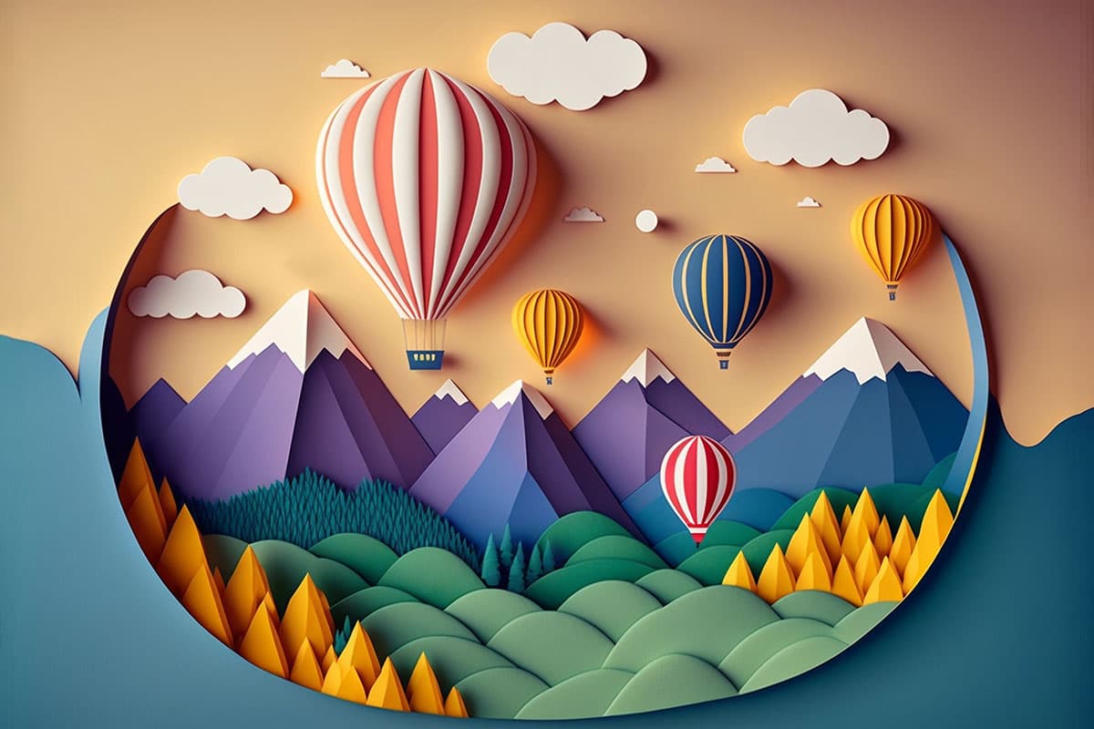 Explorer, 3D Landscape with Hot Air Balloons Kids Wallpaper pattern detail