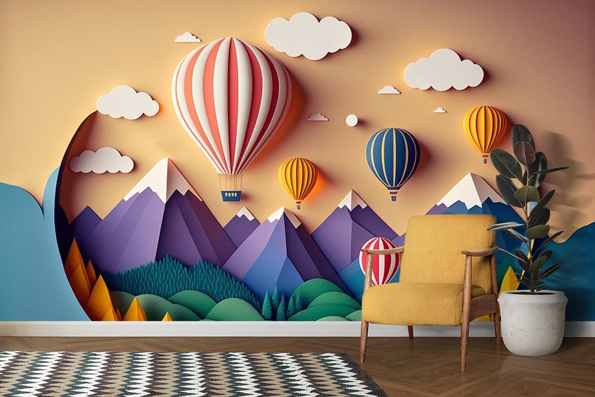 Explorer, 3D Landscape with Hot Air Balloons Kids Wallpaper