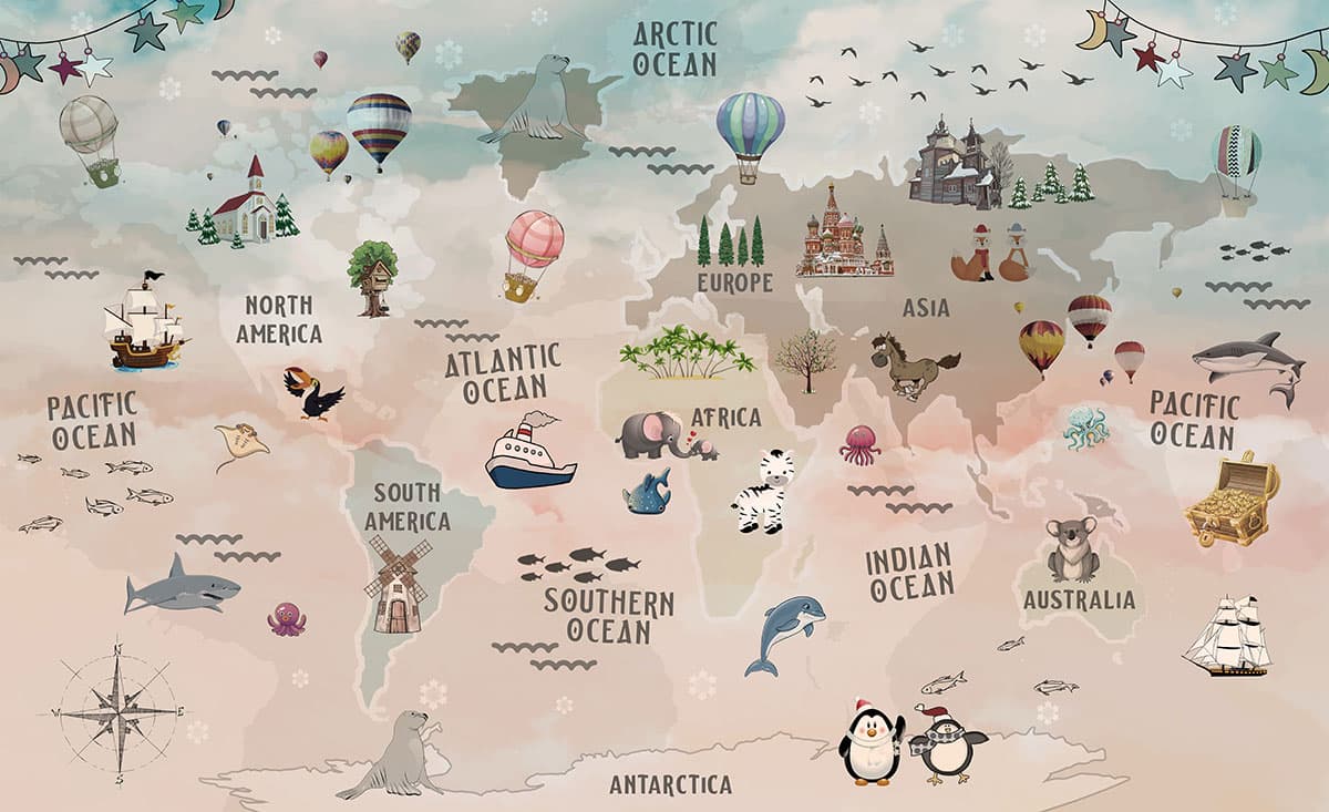 World Map with Animals and Birds Kids Room Wallpaper pattern detail