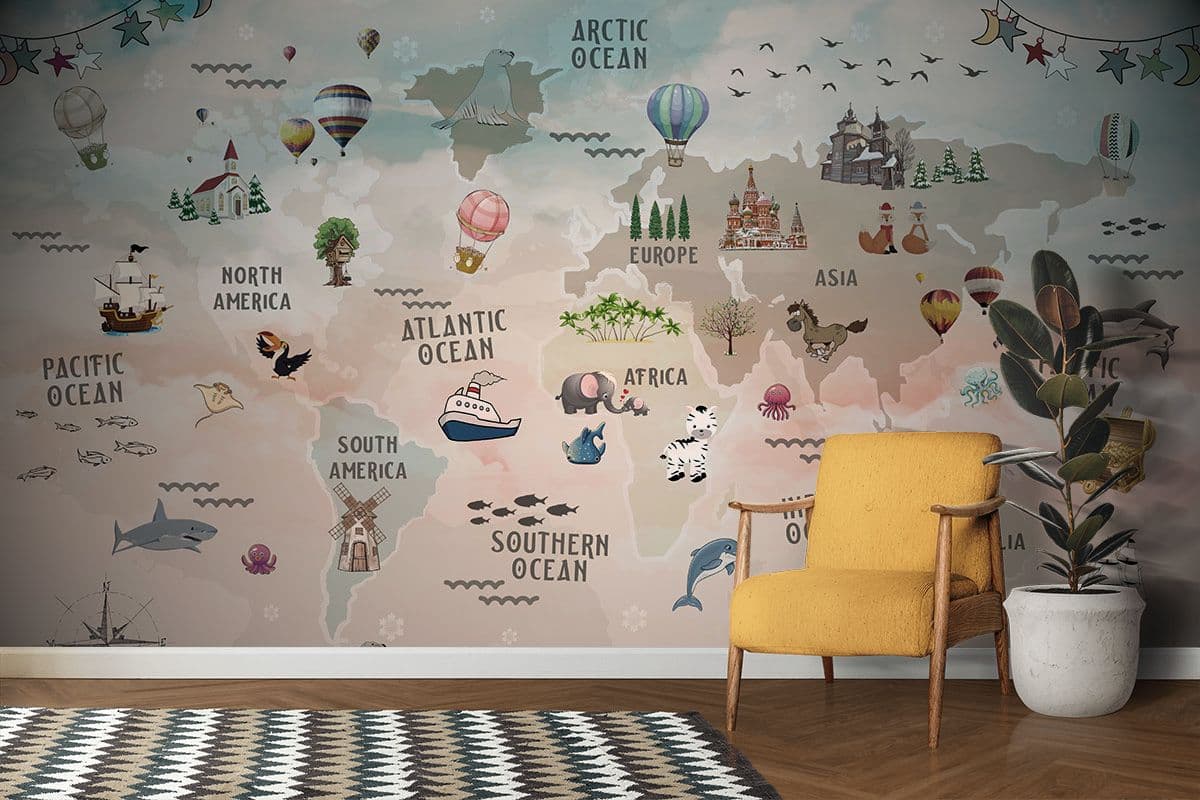 World Map with Animals and Birds Kids Room Wallpaper