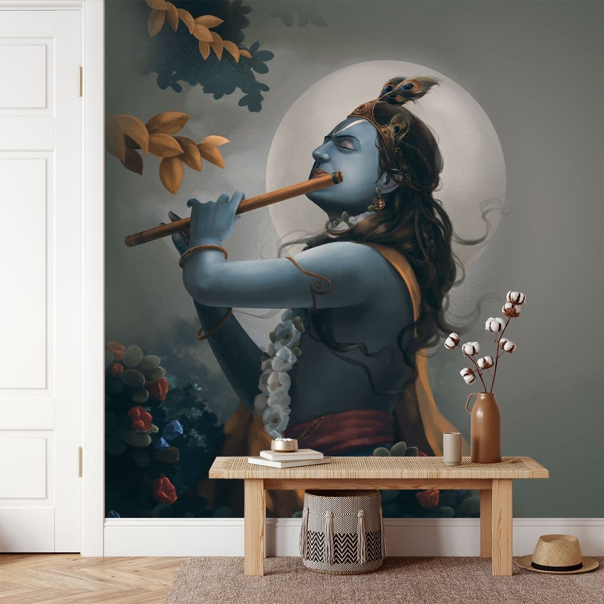 Krishna Playing Flute Spiritual Home Wallpaper