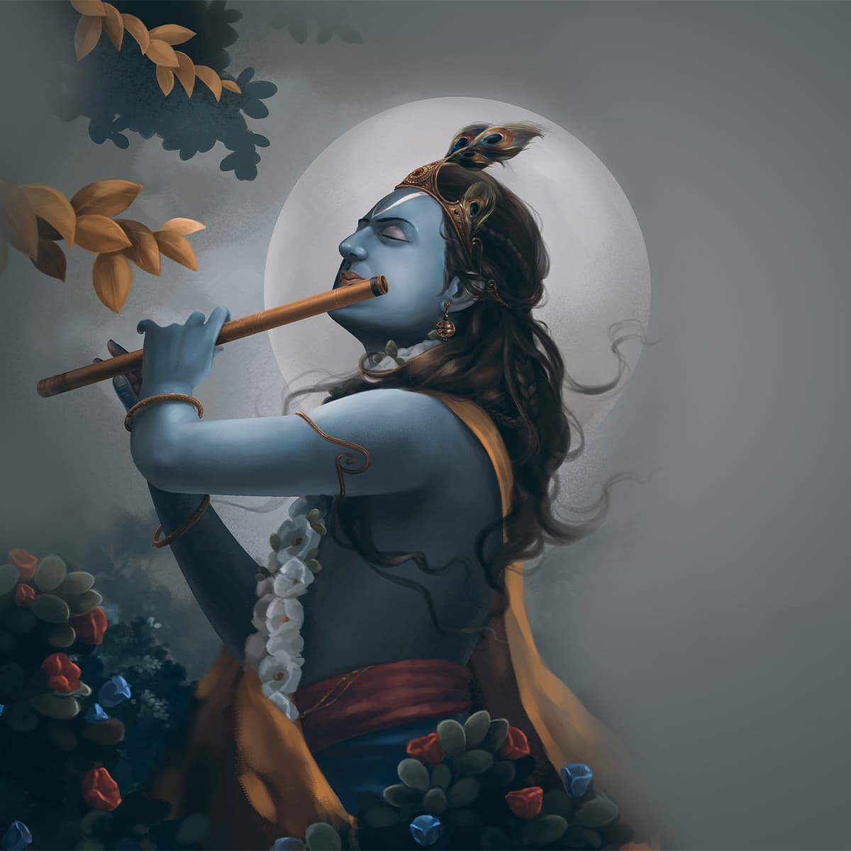 Krishna Playing Flute Spiritual Home Wallpaper pattern detail