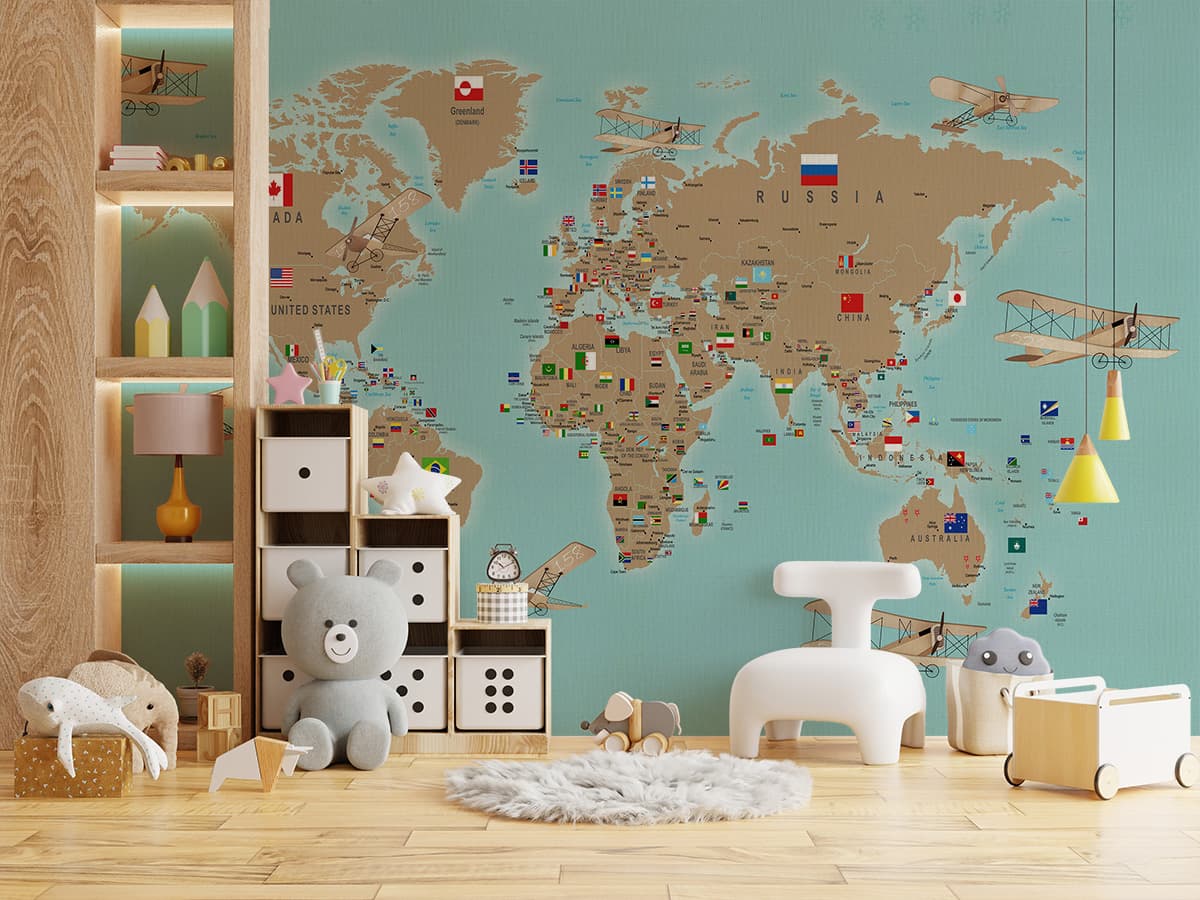 World Map With Flags Kids Wallpaper