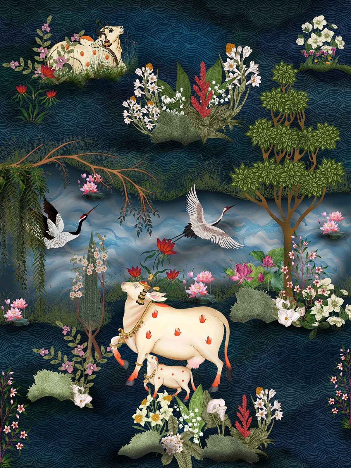Kamdhenu, Sacred Cow Pichwai Wallpaper, Customized pattern detail