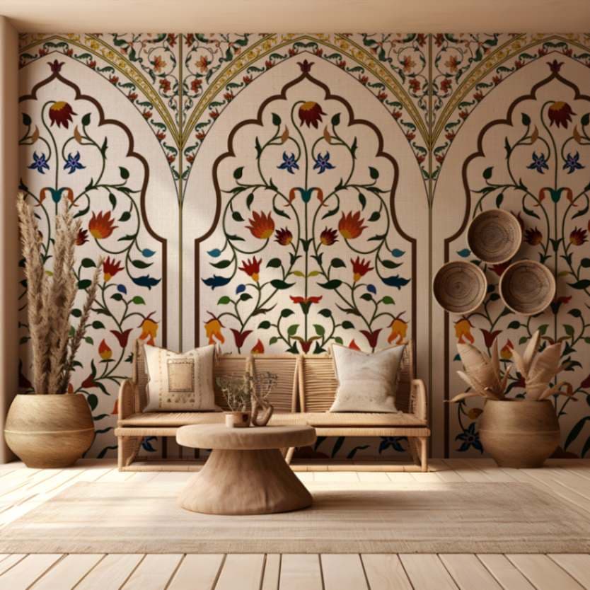 Beige Floral Chinoiserie Wallpaper for Wall