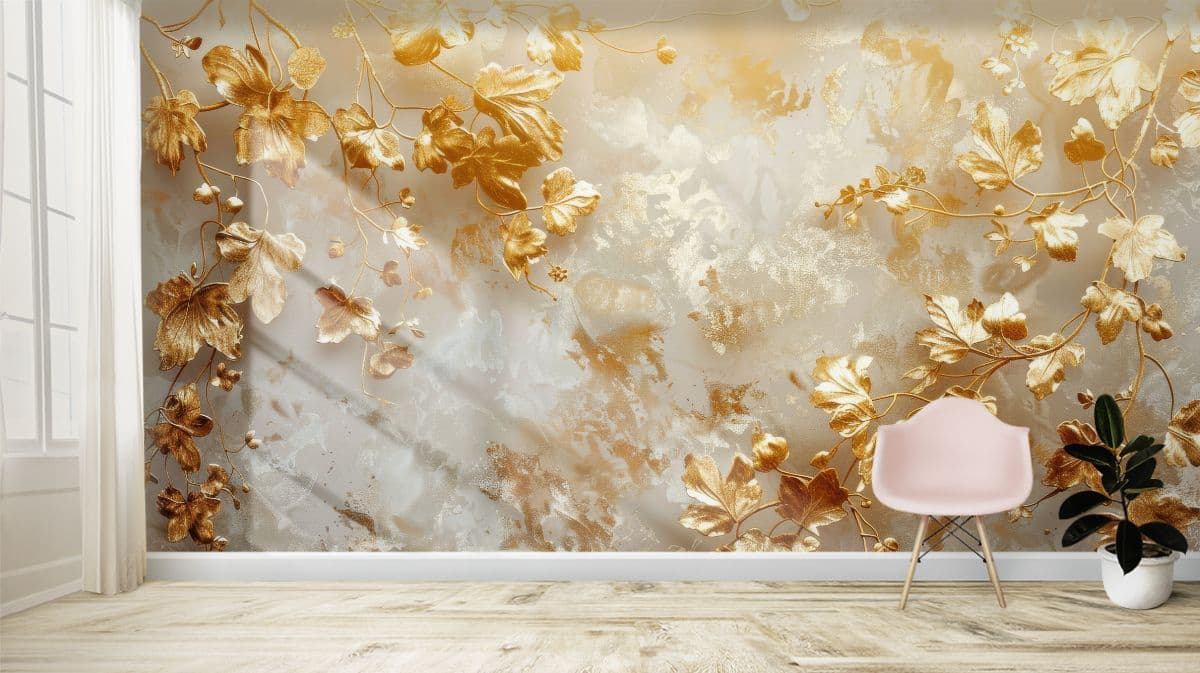 White and Gold Delicate Vines Mural Wallpaper