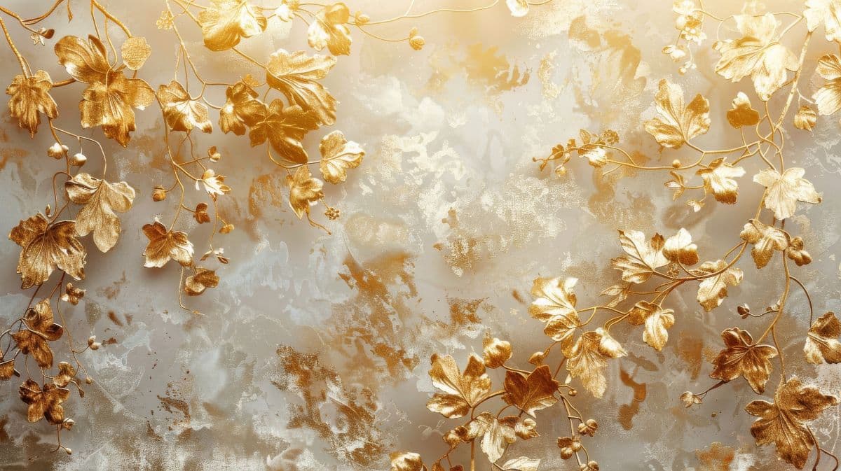 White and Gold Delicate Vines Mural Wallpaper pattern detail