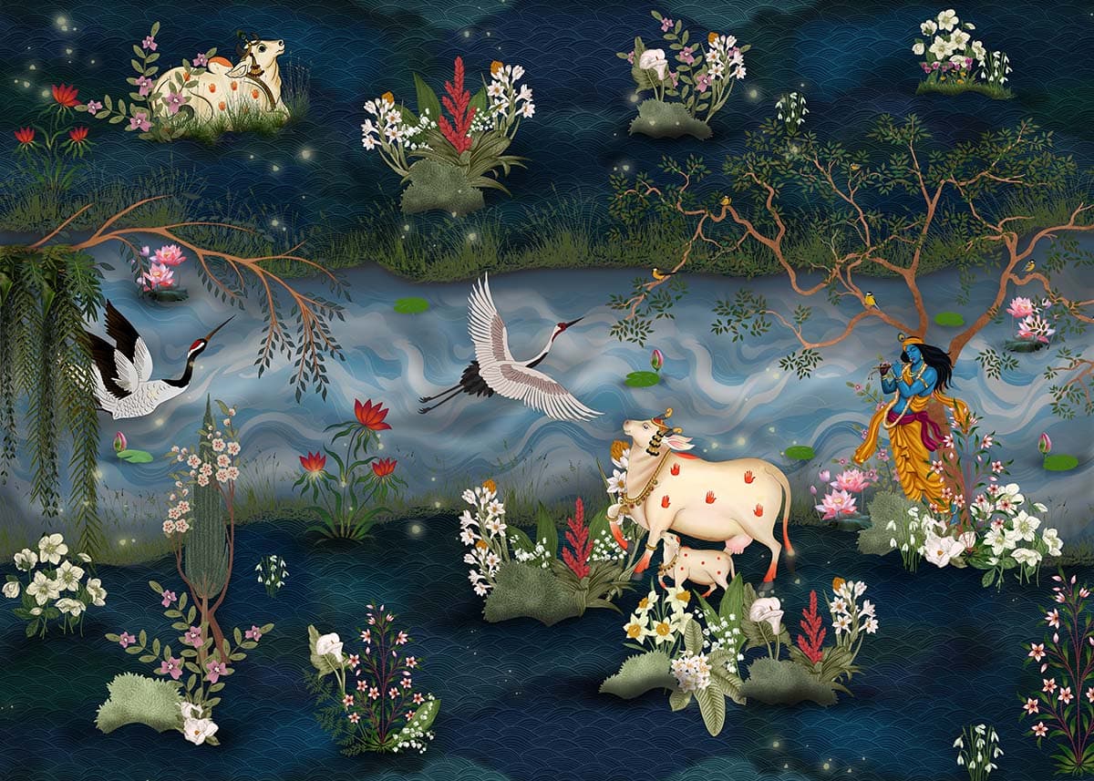 Krishna Kamdhenu Leela Wallpaper Mural, Customized pattern detail