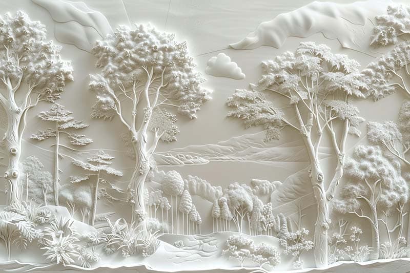 3D Off White Relief Forest Wallpaper Mural pattern detail