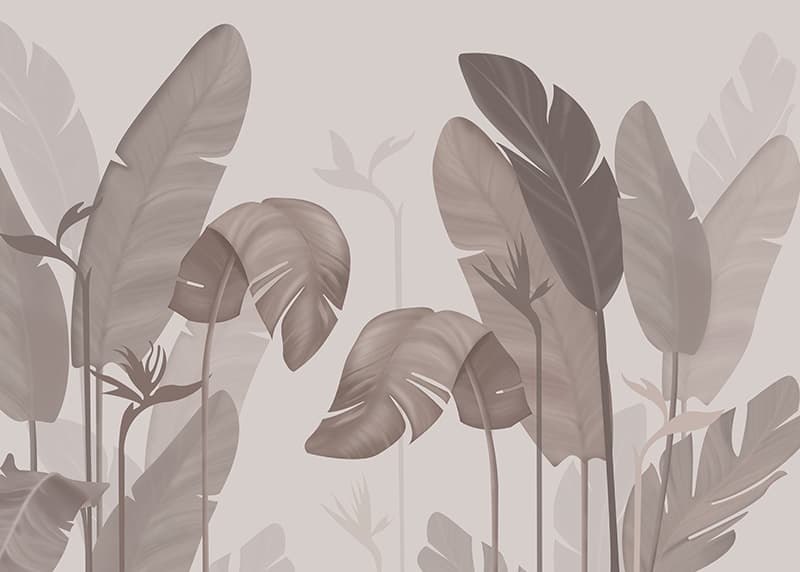 Muted, Serene Tropical Foliage Wallpaper Mural, Customized pattern detail